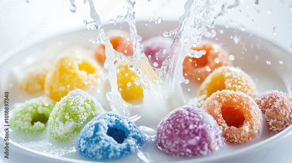 A close-up of colorful, round cereal pieces in a bowl, arranged neatly on a white background, with a splash of milk in mid-air. A close-up of colorful, round cereal pieces in a bowl, arranged neatly on a white background, with a splash of milk in mid-air.