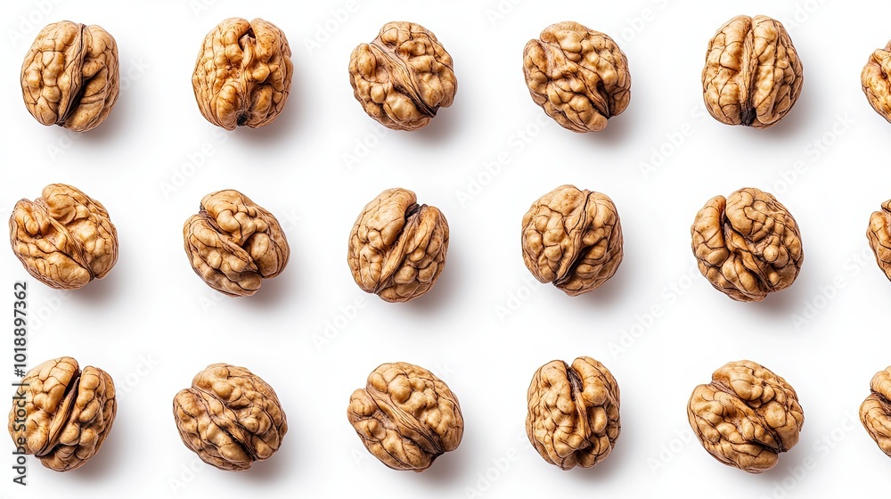 A close-up of whole and shelled walnuts arranged in a pattern on a white background, showcasing their rough texture and natural shape. A close-up of whole and shelled walnuts arranged in a pattern on a white background, showcasing their rough texture and natural shape.