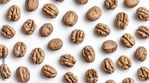 A close-up of whole and shelled walnuts arranged in a pattern on a white background, showcasing their rough texture and natural shape.