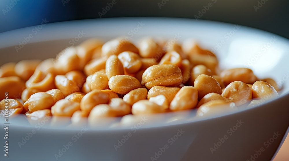 A close-up shot of roasted peanuts in a white bowl, emphasizing their golden-brown color and smooth surface. A close-up shot of roasted peanuts in a white bowl, emphasizing their golden-brown color and smooth surface.