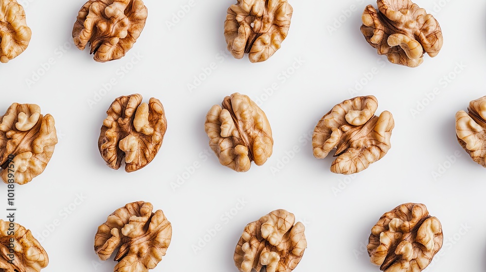 A group of cracked walnut halves neatly displayed on a clean white background, emphasizing the intricate design of the kernels. A group of cracked walnut halves neatly displayed on a clean white background, emphasizing the intricate design of the kernels.
