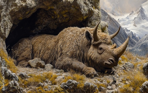 A towering prehistoric rhinoceros-like creature known as a Coelodonta stands amidst the rugged, snow-capped mountains, its powerful form and distinctive features commanding attention photo