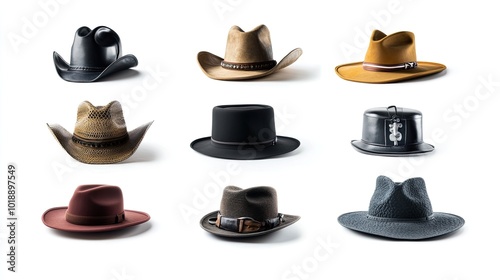 A collection of professional hats, from a cowboy hat to a surgeon cap, set against a white background, perfect for career and job-related themes.