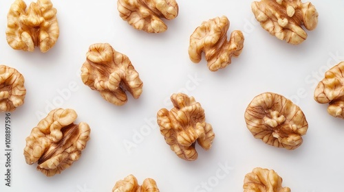 A group of cracked walnut halves neatly displayed on a clean white background, emphasizing the intricate design of the kernels.