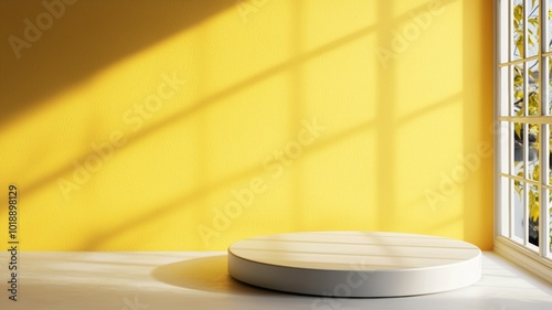 A bright yellow room featuring a round display pedestal situated near a window with natural light casting soft shadows during the daytime