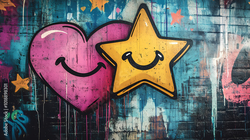 Spray paint graffiti star arrow heart cloud lightning bolt and smiley. Graffiti Drip. Illustration