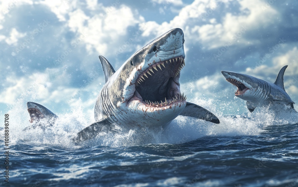 Obraz premium A colossal Megalodon shark silently glides through the depths, its cold, calculating gaze focused on tracking down and hunting its unsuspecting prey in the vast, open ocean