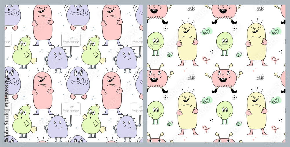 Cute monsters in doodle style. Seamless patterns in pastel shades. Light textures, creatures with different emotions, children's pattern. Vector illustration Cute monsters in doodle style. Seamless patterns in pastel shades. Light textures, creatures with different emotions, children's pattern. Vector illustration