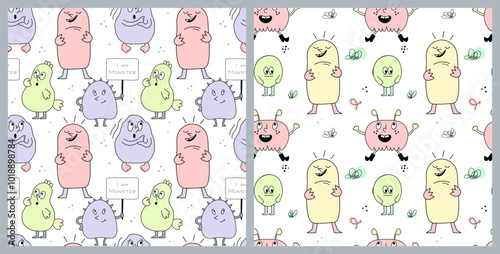 Wallpaper Mural Cute monsters in doodle style. Seamless patterns in pastel shades. Light textures, creatures with different emotions, children's pattern. Vector illustration Torontodigital.ca