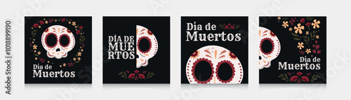 Vector mexican Halloween sugar skulls.Dia de Muertos square templates.Postcard in honor of the Day of the Dead.Traditional music festival,fun bright characters.National hispanic heritage month banner.
