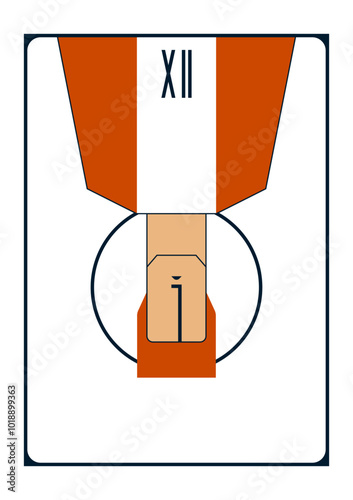 Simple vector geometric drawing depicting a tarot card with a hanging man in white and red colours 