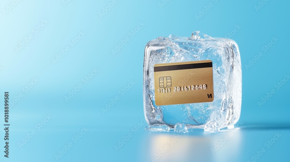 Frozen credit card encased in ice against a blue background, symbolizing financial restrictions and awareness Frozen credit card encased in ice against a blue background, symbolizing financial restrictions and awareness