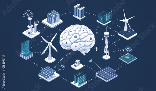 Digital brain and various icons representing smart grid, digital twin technology, robotic arms for energy management, wind turbines with solar panels on top of them, blue background Generative AI photo