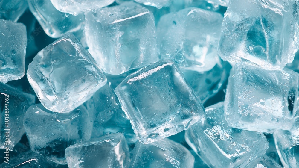 Close-up view of crystal-clear ice cubes stacked on a blue surface creating a refreshing look Close-up view of crystal-clear ice cubes stacked on a blue surface creating a refreshing look