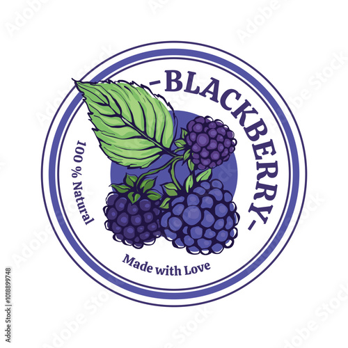 Vector label of a blackberry product. Hand drawn line illustration with color