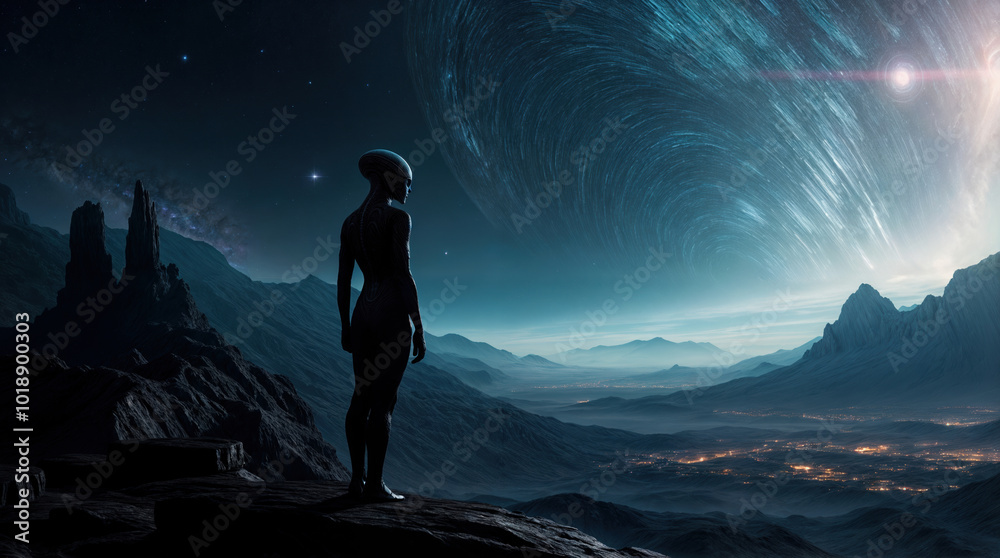 Alien silhouette observes distant city lights from mountaintop, cosmic sky with stars and nebula swirls above alien landscape, otherworldly exploration scene Alien silhouette observes distant city lights from mountaintop, cosmic sky with stars and nebula swirls above alien landscape, otherworldly exploration scene