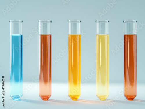 Five colourful test tubes filled with blue, red, orange, and yellow liquids, standing in a row.