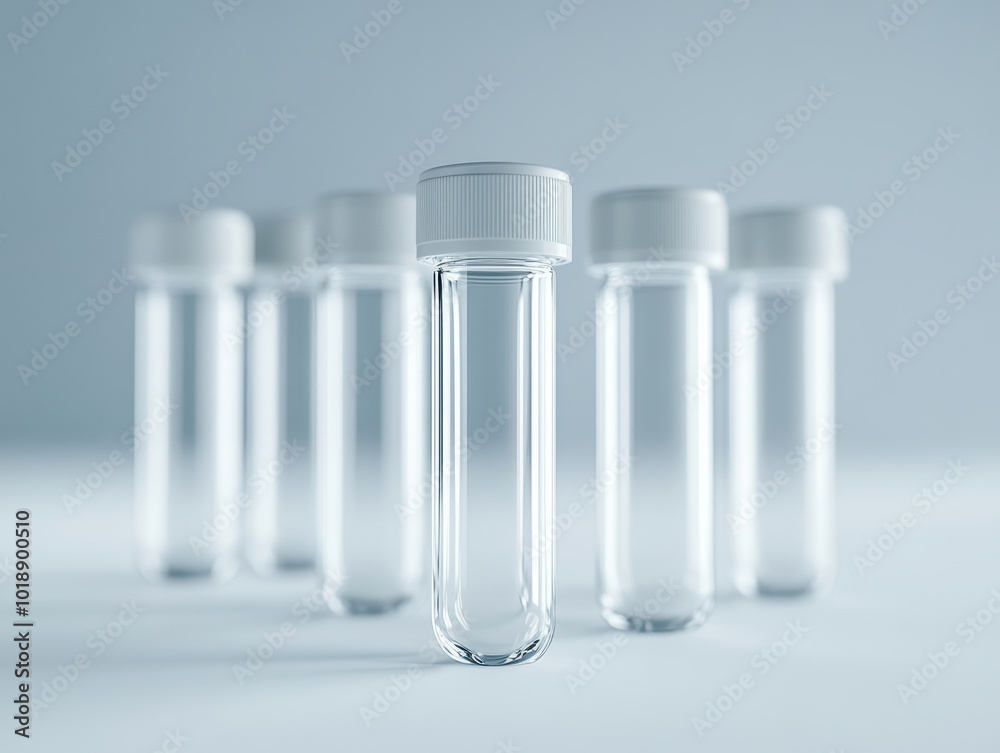 A group of clear glass test tubes with white caps, arranged symmetrically, against a soft light background. A group of clear glass test tubes with white caps, arranged symmetrically, against a soft light background.