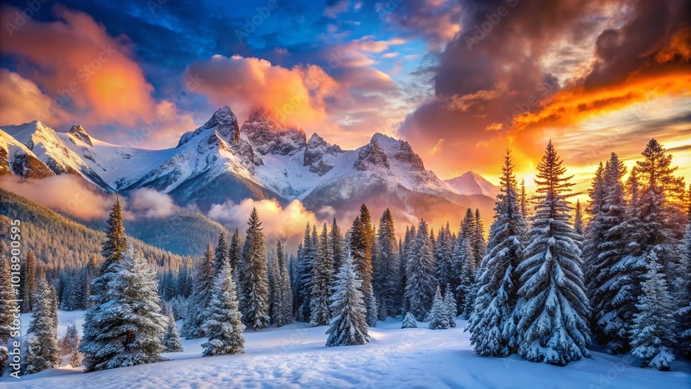 Obraz premium Majestic Blizzard Blanketing Serene Mountain Landscape with Snow-Covered Peaks and Pine Trees