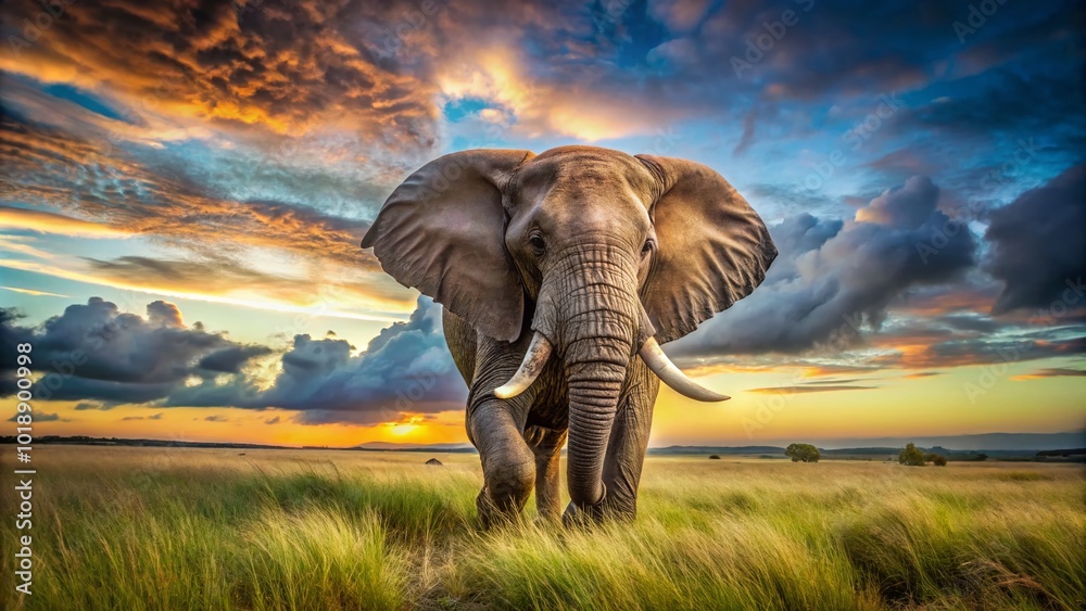 Fototapeta premium Majestic Bull Elephant Charging Through the Savanna with Power and Grace Against a Vibrant Sky