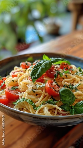 Delicious al dente pasta with fresh tomatoes and basil served in a rustic bowl