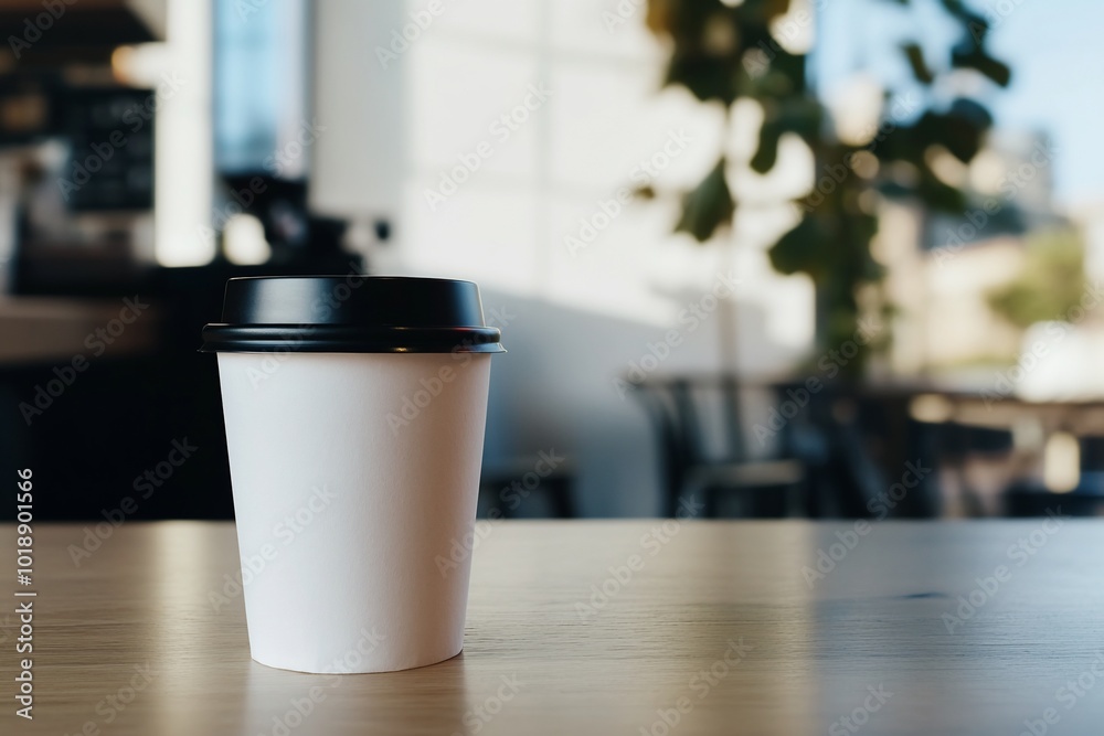 A simple white coffee cup on a wooden table in a cafe setting. A simple white coffee cup on a wooden table in a cafe setting.