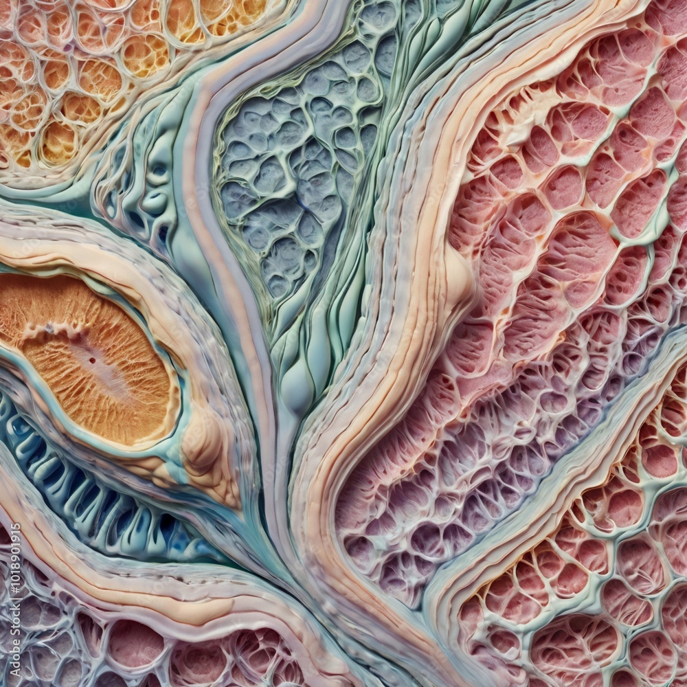 Obraz premium background, microscopic view of collagen powder forming intricate lacelike structures that morph into rejuvenated skin cells showcasing the science of beauty in a surreal pastelhued landscape