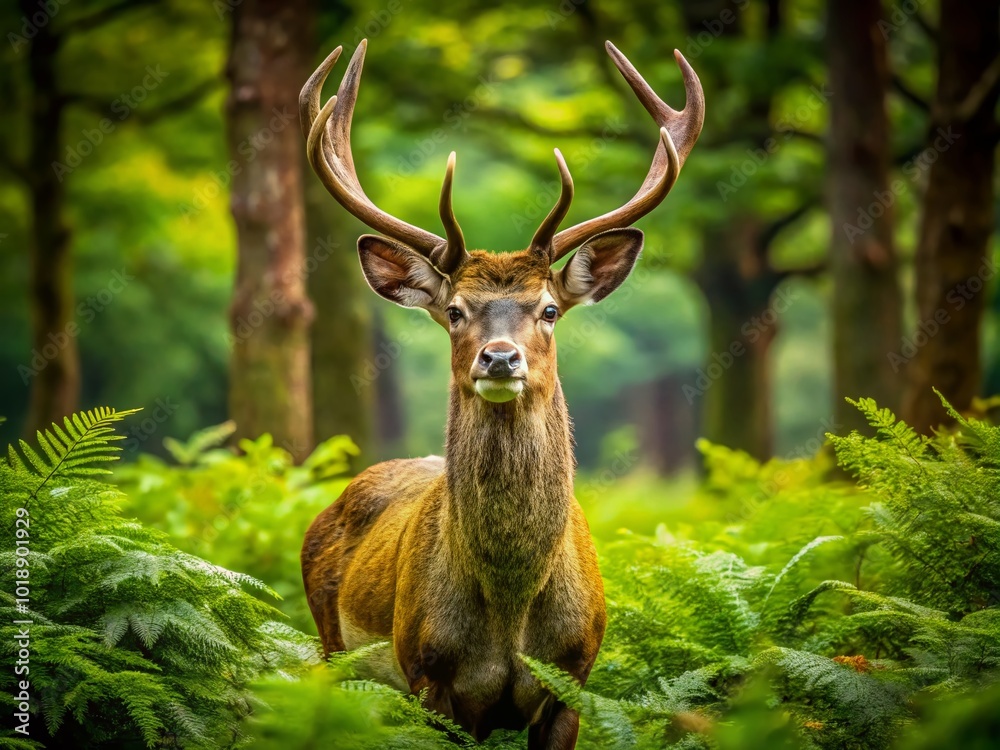 Obraz premium Majestic Deer Stands Gracefully in Lush Green Forest Surrounded by Vibrant Nature and Wildlife