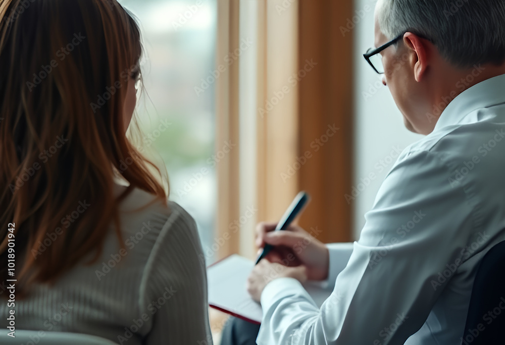view from the back of a woman consulting with a male doctor view from the back of a woman consulting with a male doctor