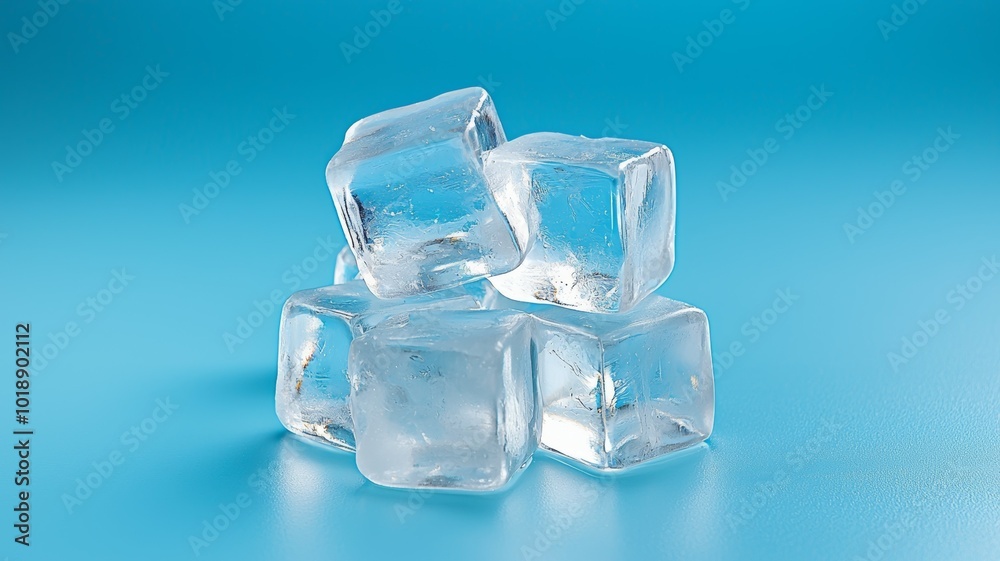 Pile of clear ice cubes on a bright blue background, perfect for refreshing summer drinks and cocktails Pile of clear ice cubes on a bright blue background, perfect for refreshing summer drinks and cocktails