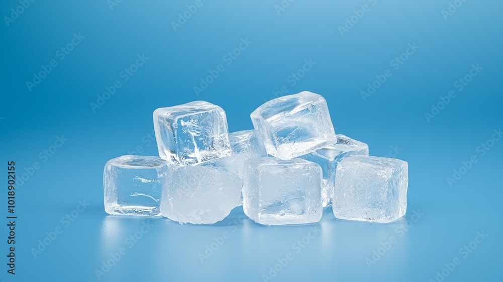 Fresh ice cubes arranged on a blue background, perfect for cooling beverages in warm weather Fresh ice cubes arranged on a blue background, perfect for cooling beverages in warm weather