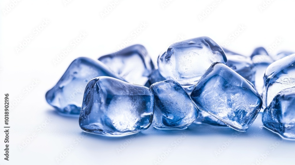 Ice cubes scattered on a white background, showcasing their transparent and glistening surfaces in daylight Ice cubes scattered on a white background, showcasing their transparent and glistening surfaces in daylight