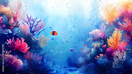 Fototapeta Naklejka Na Ścianę i Meble -  Watercolor abstract vibrant coral reef with fish. Coral Reef Lagoon. Illustration