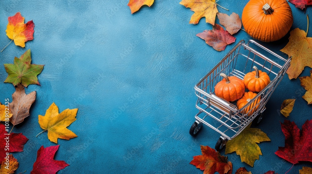 Fototapeta premium Autumn shopping scene with cart leaves and pumpkin on blue surface