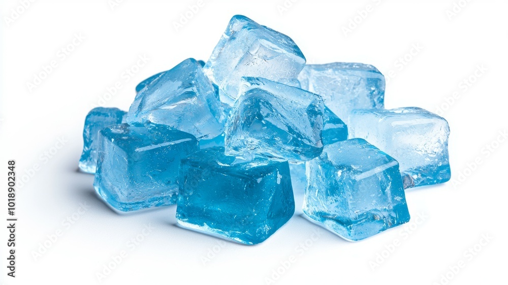 Bright blue ice cubes piled together on a white surface, ideal for summer beverages and cocktails
