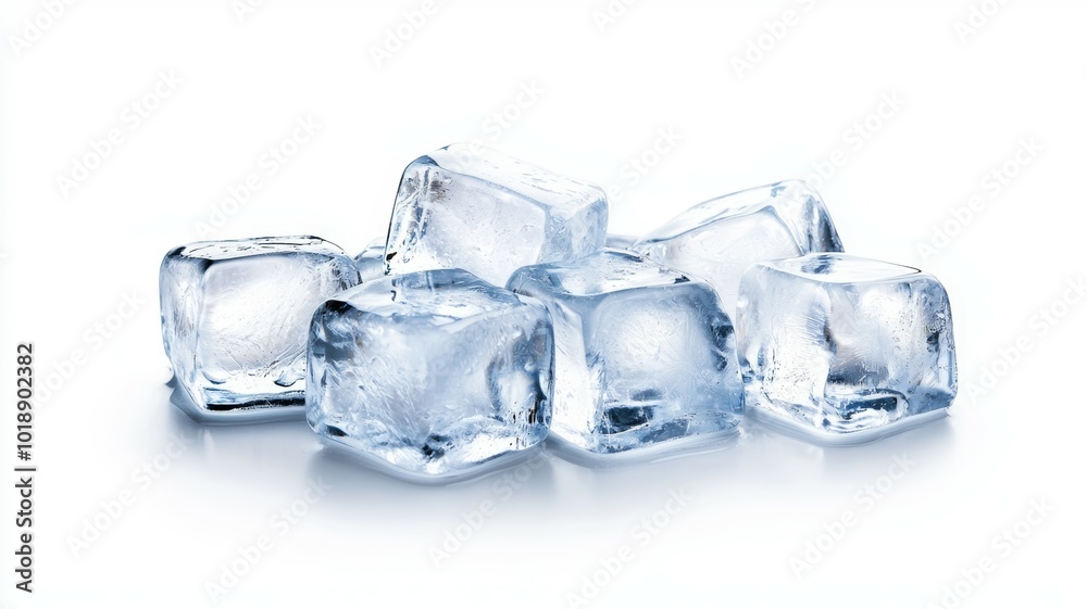 Clear ice cubes piled together on a white surface, showcasing their pristine appearance and simple beauty Clear ice cubes piled together on a white surface, showcasing their pristine appearance and simple beauty