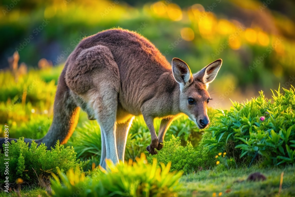 Obraz premium Majestic Eastern Gray Kangaroo Grazing in Natural Habitat Under Clear Blue Sky in Australia