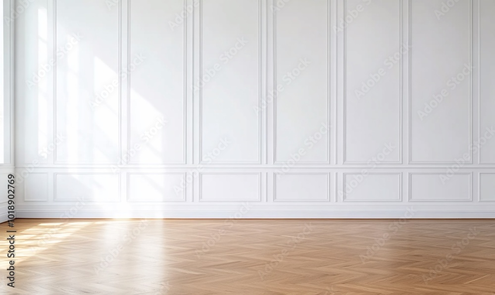 A bright, empty room with wooden flooring and white paneled walls. A bright, empty room with wooden flooring and white paneled walls.