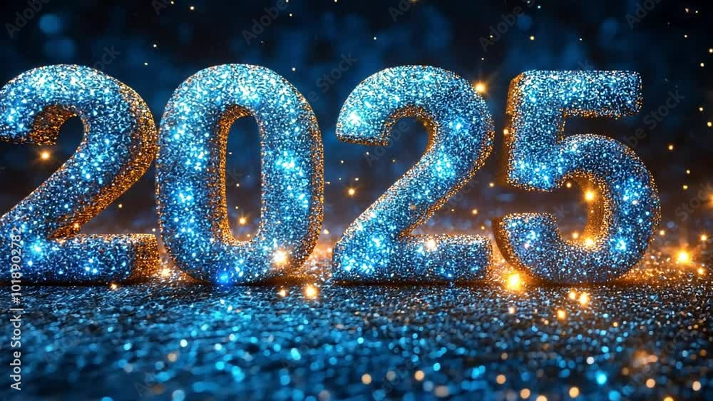 Celebratory 2025 display featuring glittering numbers against a sparkling blue background Celebratory 2025 display featuring glittering numbers against a sparkling blue background