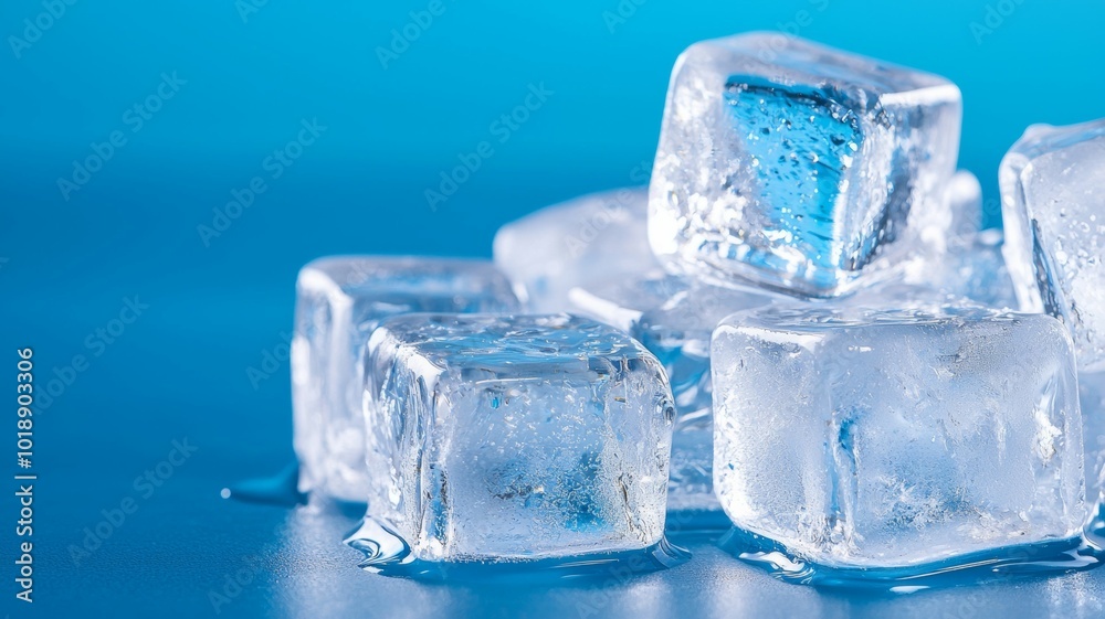 Clear ice cubes melting on a blue surface, creating puddles of water in a cool setting Clear ice cubes melting on a blue surface, creating puddles of water in a cool setting