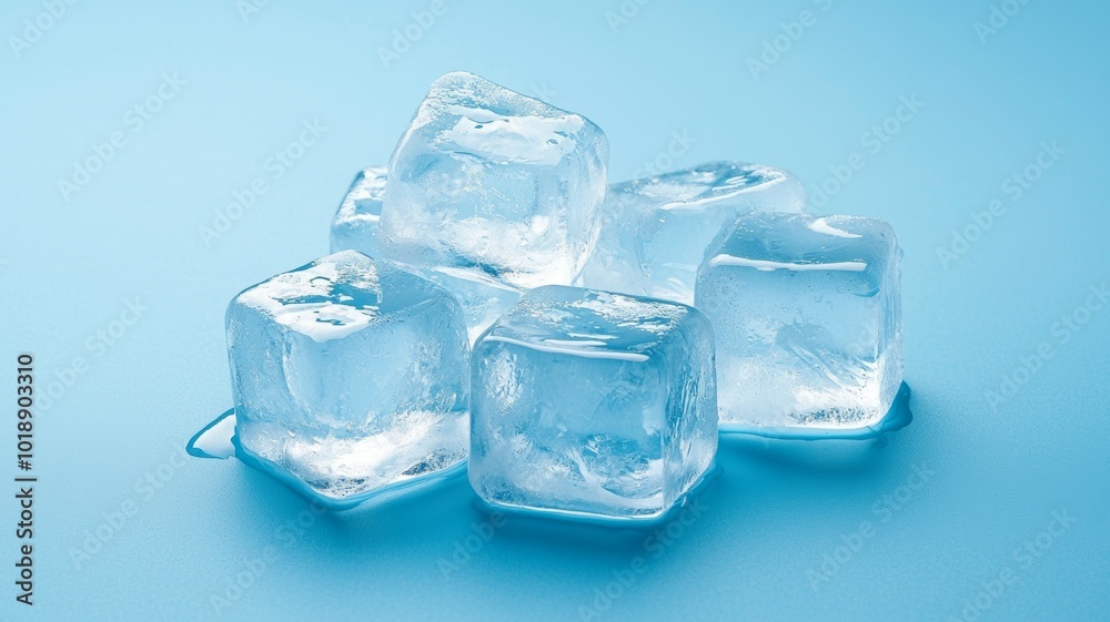 Clear ice cubes melting on a light blue surface, creating a fresh and cool atmosphere in warm surroundings Clear ice cubes melting on a light blue surface, creating a fresh and cool atmosphere in warm surroundings