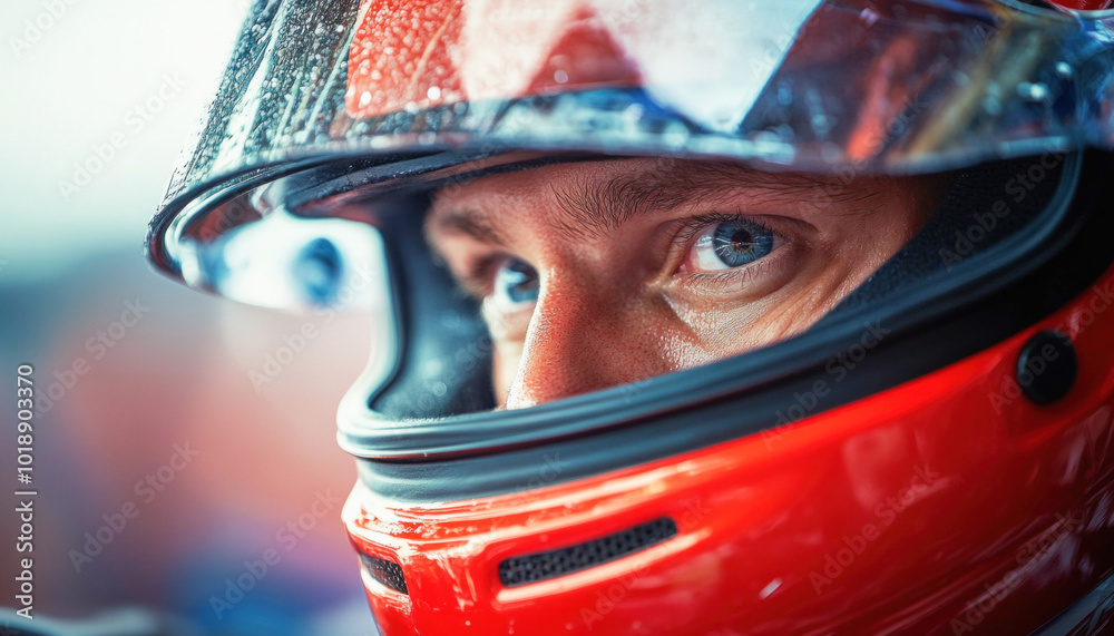Race car driver wearing helmet with wet visor looking intensely Race car driver wearing helmet with wet visor looking intensely