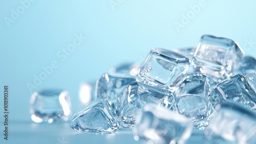 Clear ice cubes arranged on a reflective surface with soft blue lighting for refreshing drinks or cocktails