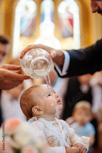 Closeup sacred ceremony of a baby baptism inside a church, clergyman pouring holy water on the infant head photo