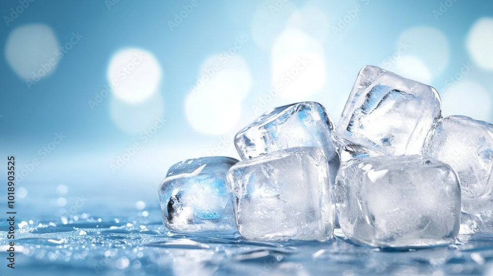 Chilled ice cubes resting on a reflective surface with a soft blue background and sparkling bokeh lighting Chilled ice cubes resting on a reflective surface with a soft blue background and sparkling bokeh lighting