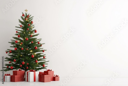 A decorated Christmas tree with red and white gift boxes underneath.