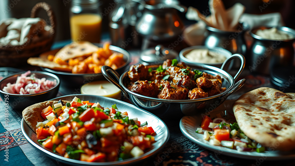 A colorful spread of hot, steaming chicken karahi, freshly baked naan, and a mix of chopped salad on a traditional patterned tablecloth A colorful spread of hot, steaming chicken karahi, freshly baked naan, and a mix of chopped salad on a traditional patterned tablecloth