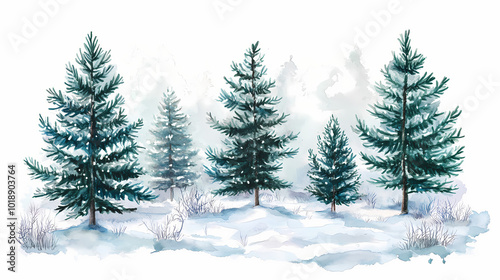 Winter snowy landscape with pine trees. Snowy Pine Forest. Illustration