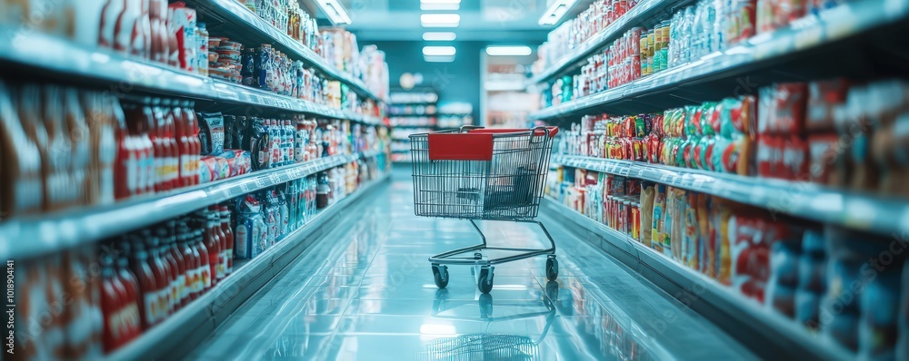 A shopping cart navigating through a grocery aisle laden with products. A shopping cart navigating through a grocery aisle laden with products.