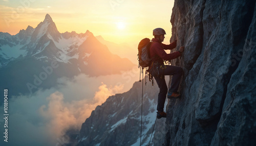 A fully equipped climber ascending a steep rocky mountain with layers of mountains and a sunrise or sunset in the background.